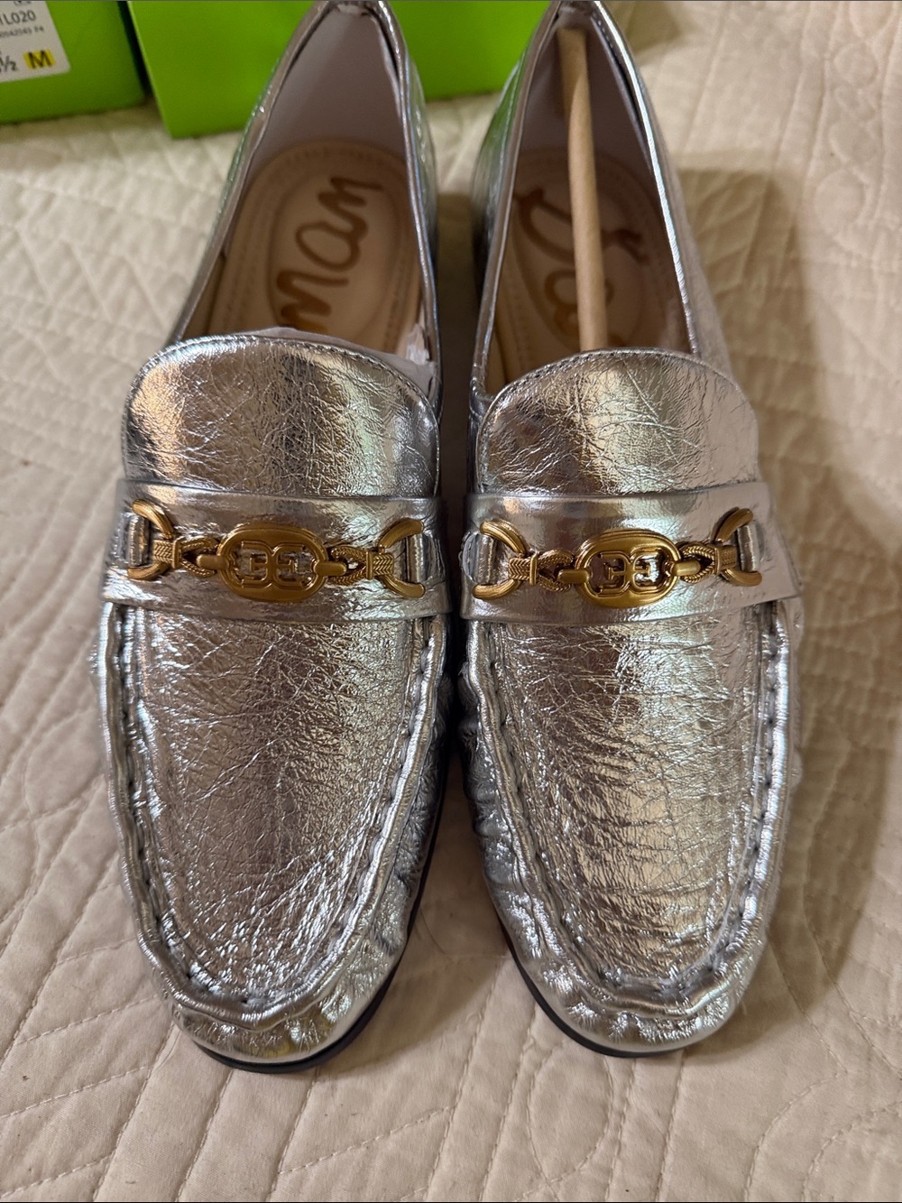 Sam Edelman Silver Metallic Loafers with Gold Chain Detail. Lucca. 8.5.